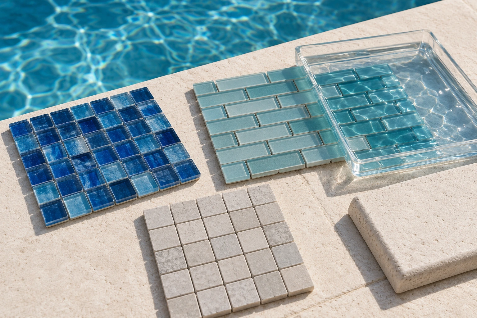 Blue, aqua, and gray tile samples beside a swimming pool